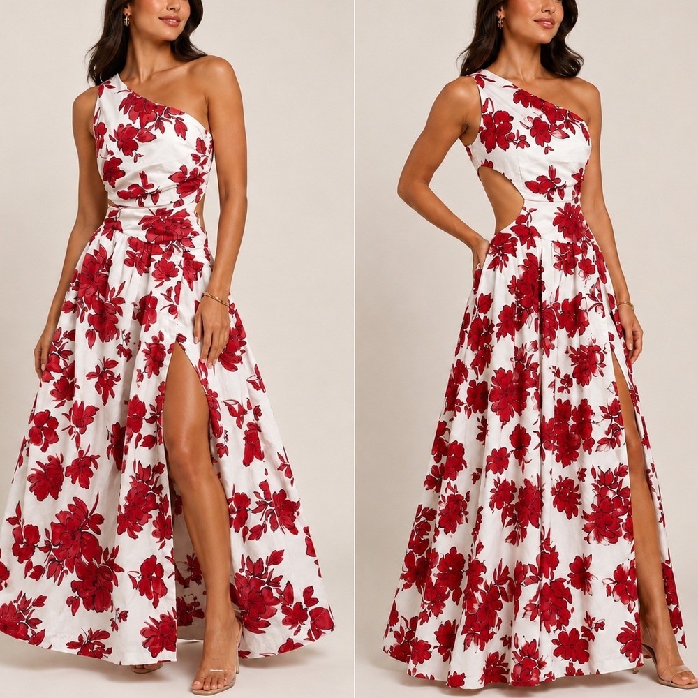 Abercrombie & Fitch One Shoulder Cutout Floral Maxi Dress XS White Red